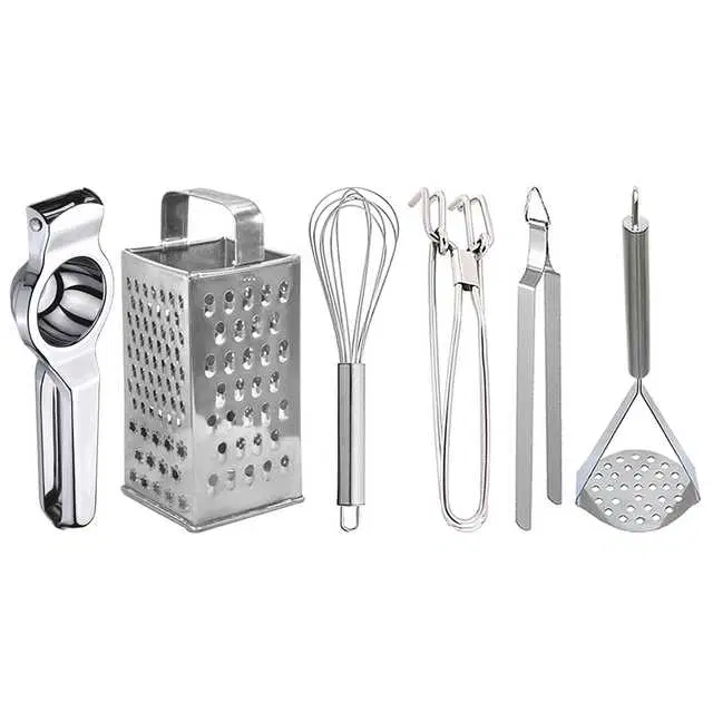 Oc9 Stainless Steel Lemon Squeezer & 4 in 1 Grater Or Slicer & Egg Whisk & Pakkad & Roti Chimta & Potato Masher Kitchen Tool Set, O-161