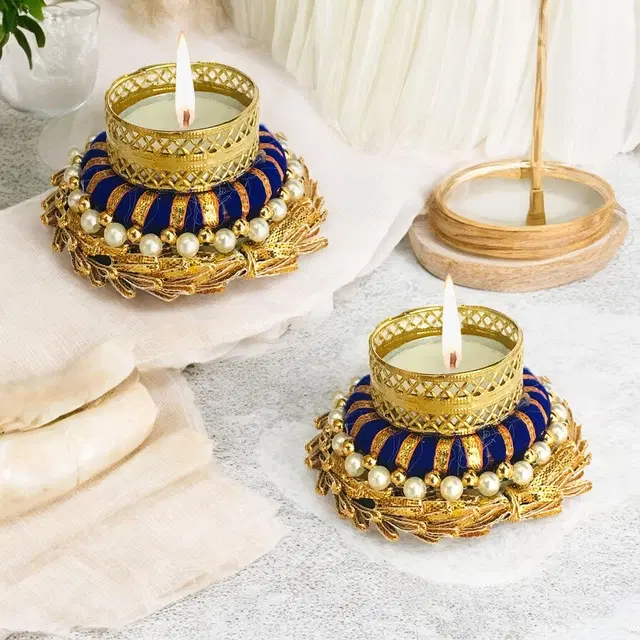 Metal Designer Tealight Candle Holder, Blue, 8.5x8.5x3.5 cm, Pack of 2