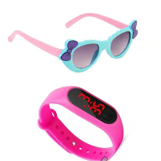 UV Protected Sunglass with Digital Watch for Boys & Girls, Set of 2 (Blue & Pink)