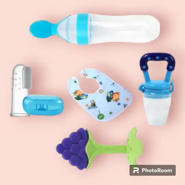 Silicone Food & Fruit Feeder, Teether, Finger Brush & Bid for Kids, Multicolor, Set of 5