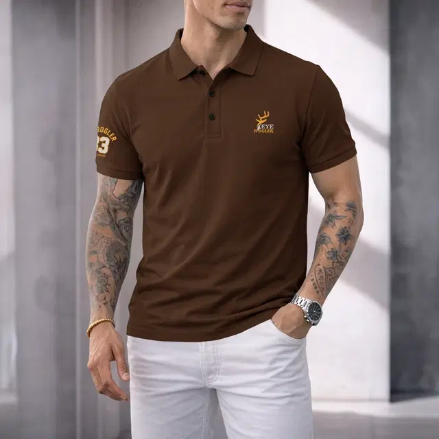 Polo Neck Solid Poly Cotton T-shirt for Men (Brown, M)