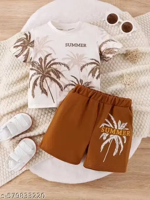 Fancy Summer Cotton Blend Clothing Set for Boys ,Cream & Brown (12-18 Months)