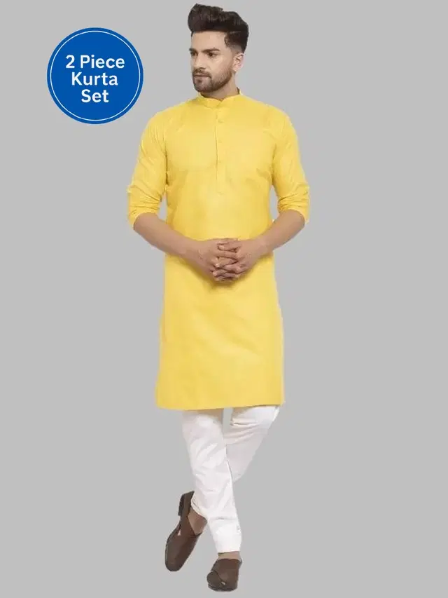 Cotton Blend Solid Kurta with Pyjama Set for Men, Yellow & White (M)