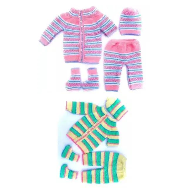 Full Sleeves Sweater with Pant, Cap & Booties, Pack of 2 (Multicolor, 0-6 Month)