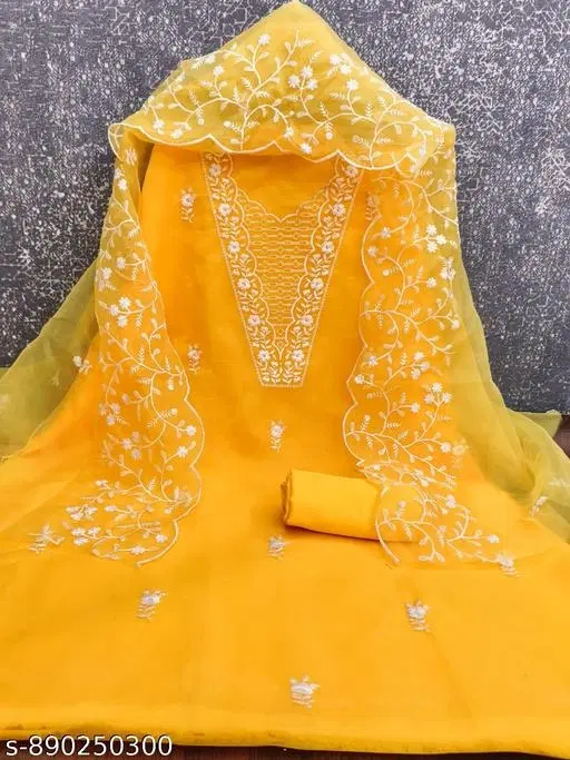 Organza Embroidered Yellow Jaipuri Designs Suits for Women (Yellow, Un Stitched)