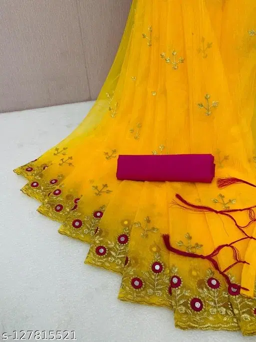 Net Dyed/ Washed Saree for Women, Yellow (6.3 m)