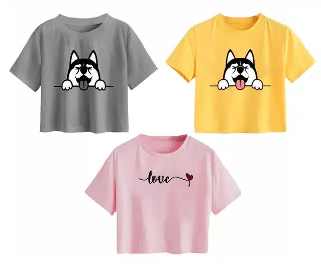 Cotton Printed Crop Tops for Girls, Pack of 3 (Multicolor, 13-14 Years)