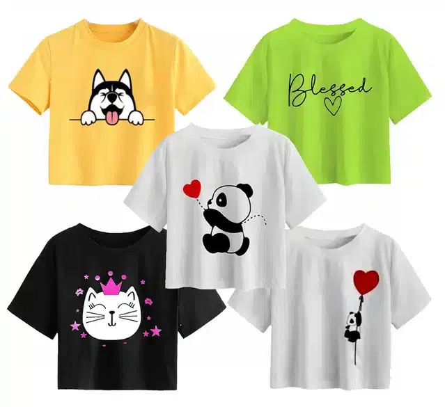 Cotton Printed Crop Tops for Girls, Pack of 5 (Multicolor, 13-14 Years)
