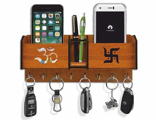 Om And Swastik Wood 2 Pocket Mobile & Key Holder For Home Decor, Brown, NC-002