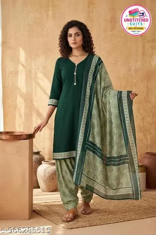 SIMPLYETHNIC Cotton Blend Printed Salwar Suit Set for Women (Green, L)