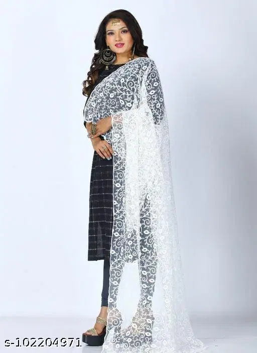 Embroidered Manipuri Net (White, Free Size)