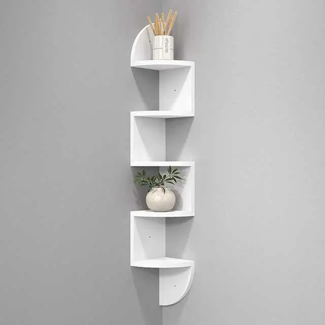 Corner Wall Mount Shelf Zig Zag Shape With Curved Edges 5 Tier, White, D-111