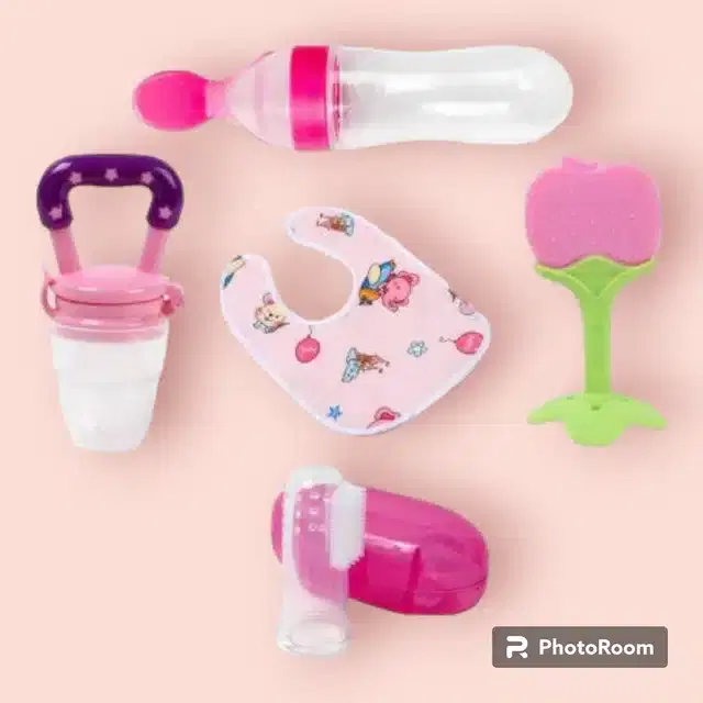 Silicone Food & Fruit Feeder, Teether, Finger Brush & Bid for Kids, Multicolor, Set of 5