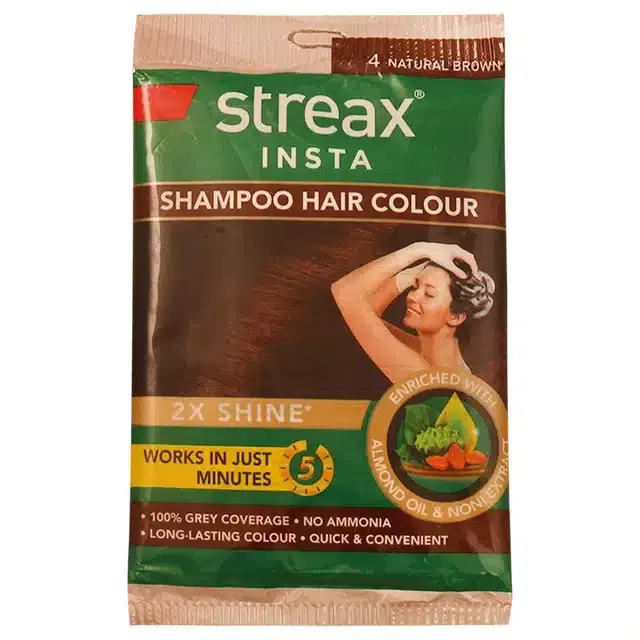 Streax Insta Shampoo Hair Colour  Natural Brown 4, 18 ml