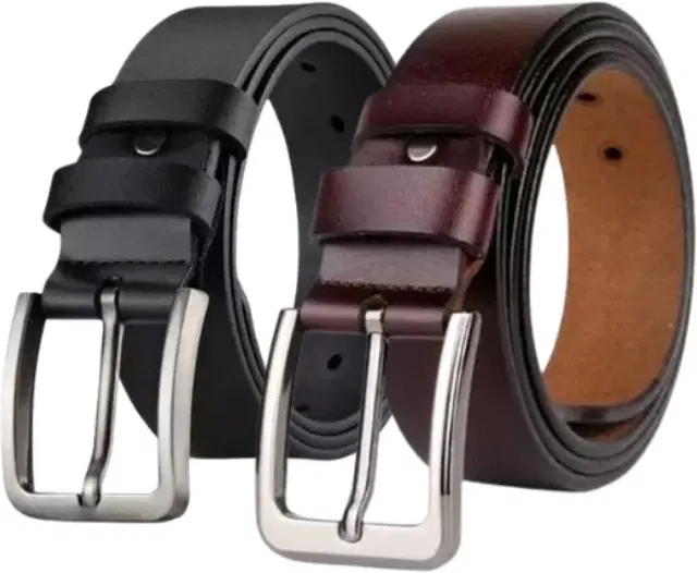 Faux Leather Belt for Men, Pack of 2 (Black & Brown, 26)