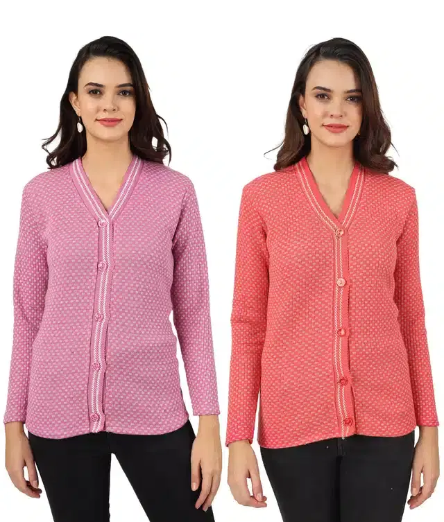 Woollen Blend Full Sleeves Cardigan for Women, Pack of 2 (Purple & Orange, M)
