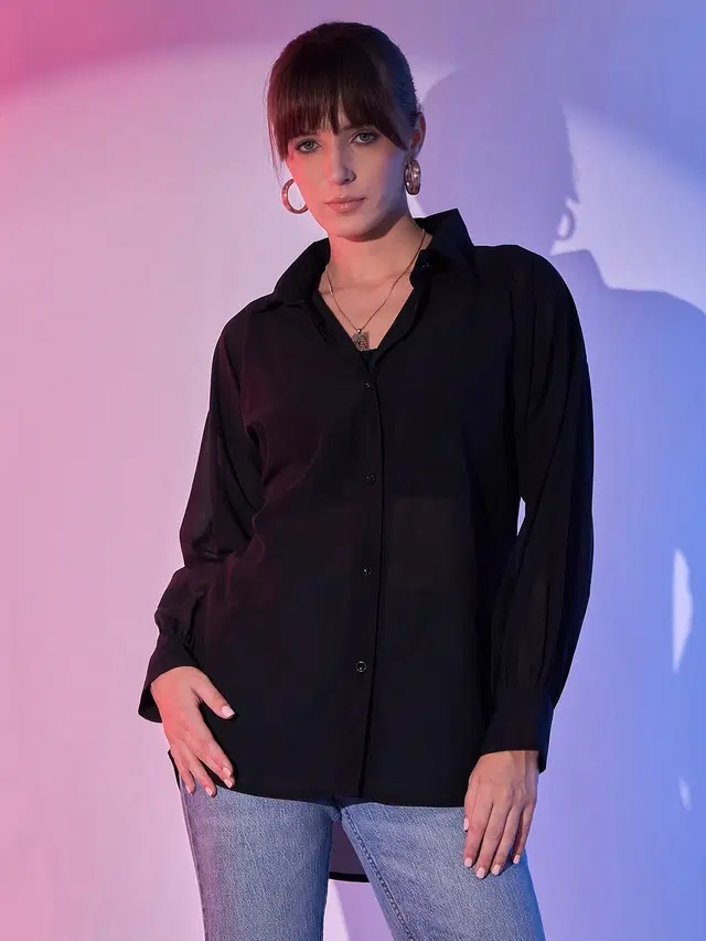 Full Sleeves Solid Shirt for Women (Black, XL)