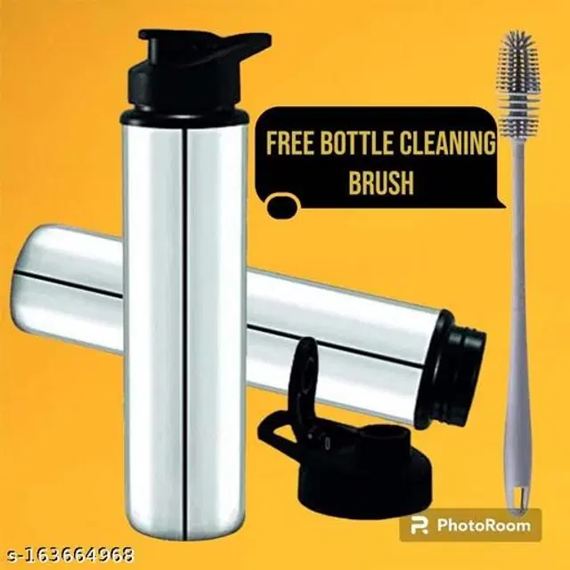 Stainless Steel 2 Pcs Water Bottle, 1000 ml with Cleaning Brush, Silver, Set of 3