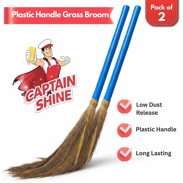 Captain Shine Grass Broom with Plastic Handle, 2x350g [Net], 112cm (Pack of 2)