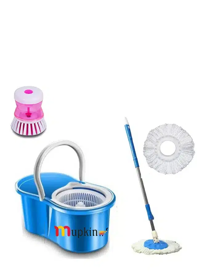 PVC Magic Spin Bucket Mop with 2 Refills & Soap Dispenser Brush Set, Blue, Set of 2
