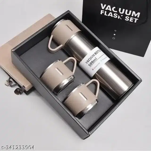 Stainless Steel Water Bottle with 2 Pcs Cups, Silver, Set of 2