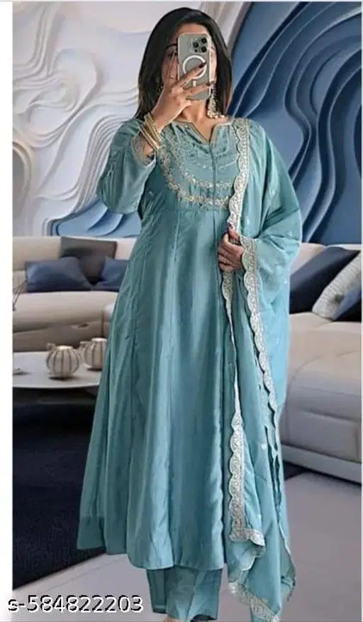 Anarkali Kurta Set for Women (Aqua Blue, S)