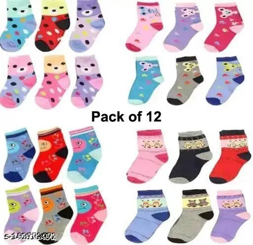 Cotton Socks for Kids, Set of 12 (Multicolor, 0-3 Months)