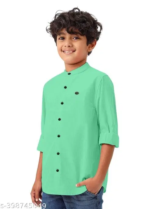 Solid Cotton Blend Mandarin Collar Long Sleeve Shirt for Boys (Mint Green, 6-7 Years)