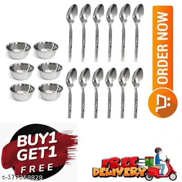 Stainless Steel 6 Pcs Bowls with 12 Pcs Spoon, Silver, Set of 2