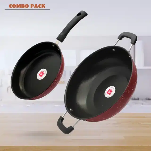 Combo of Nonstick Kadhai & Fry Pan, Red