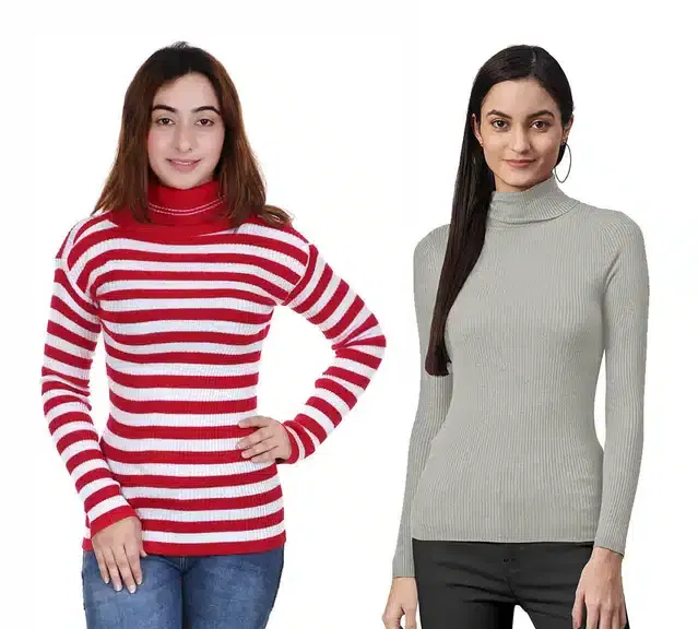 Full Sleeves Solid Sweater for Women, Pack of 2 (Grey & Red, L)