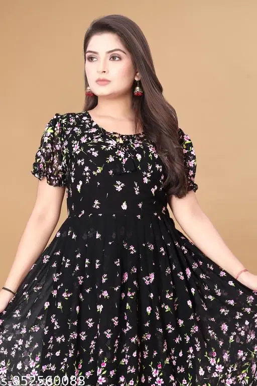 Floral One Piece Dress (Black, S)