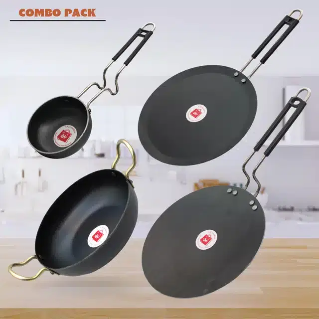 Frying Pan & Tawa Set, Pack of 4, Black, 1000 ml