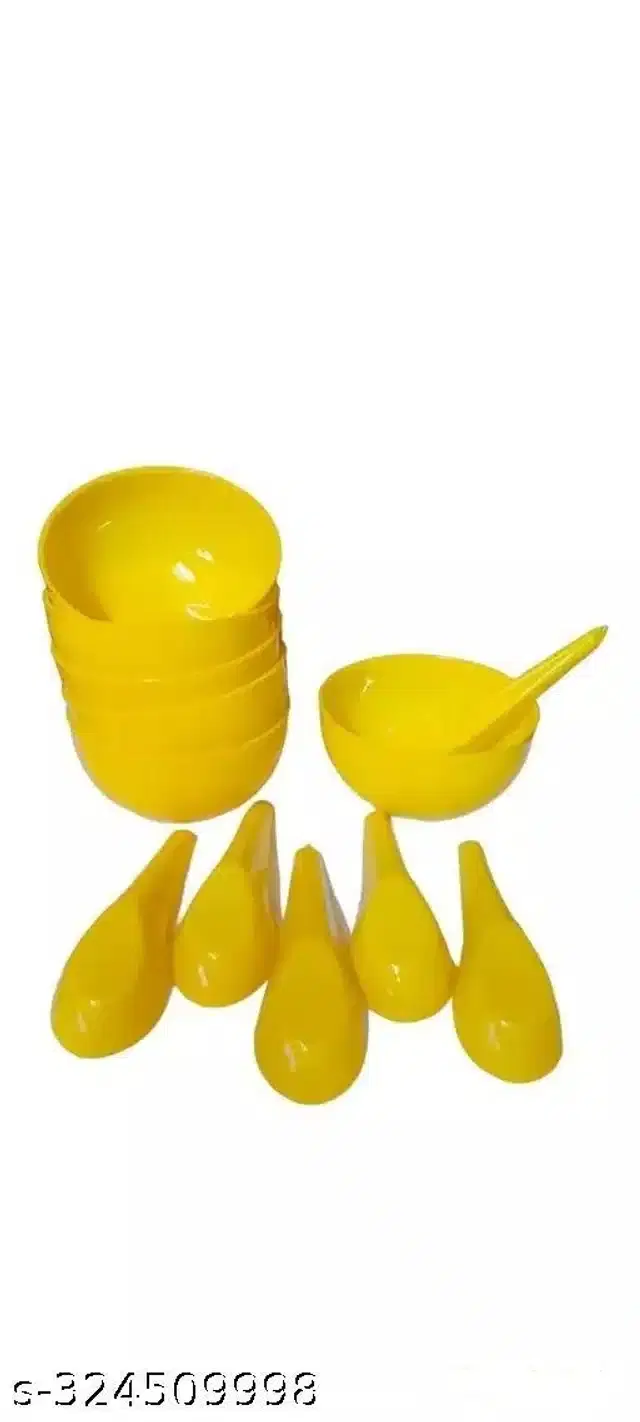 Plastic 6 Pcs Bowls, 250 ml with 6 Pcs Spoons, Yellow, Set of 2