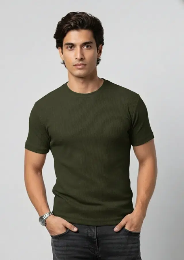 Polyester Round Neck T-shirt for Men, Olive (XL)