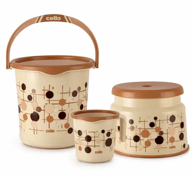 Cello Trinity Bathroom Set 3 Pc, Bucket 20 L, Mug 1 L, Stool, Beige | Pack Of 3 | Easy-Grip Handle