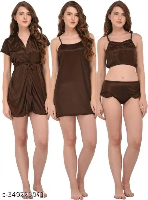 Satin Solid Babydoll for Women, Brown (S)