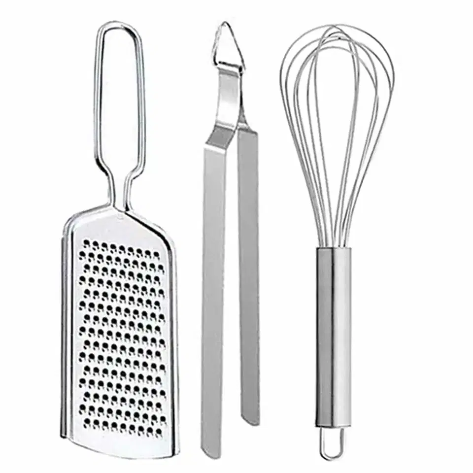Oc9 Stainless Steel Cheese Grater & Roti Chimta & Egg Whisk For Kitchen Tool Set