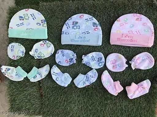 Combo of Cotton Cap, Booties & Mitten for Baby, Set of 3 (Multicolor)