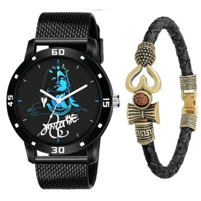 Casual PU Analog Watch With Bracelet Men, Pack Of 2 (Black) (MP-466)