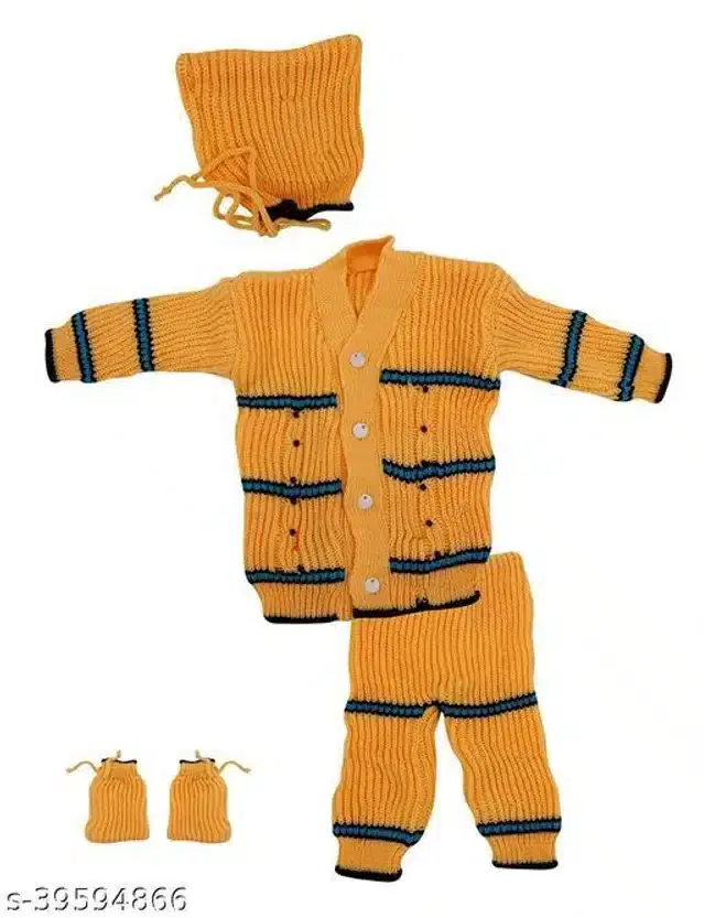 Woolen Striped Sweater with Pyjama & Cap with Socks for Kids (Mustard, 3-6 Months)