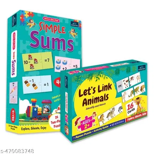 Bookford Exciting Puzzle Combo Set of 2 Jigsaw Puzzle - Let's link animals & Match & Pair Simple Sums