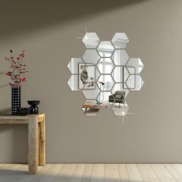 Acrylic Hexagon Shaped Wall Mirror Stickers, Silver, Pack of 18