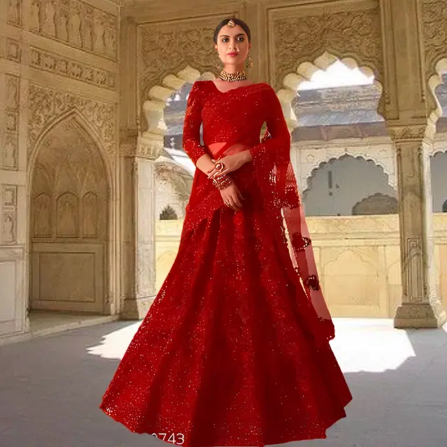 Net Embroidered Semi Stitched Lehenga Choli for Women (Red, Free Size)
