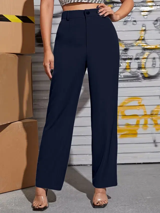 Mid Rise Solid Trousers & Pants for Womens (Navy Blue, 26)