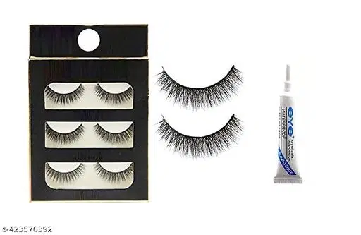 Professional Beauty 3 Pair Eyelash Set and Glue/Gel Eyeliner Combo Pack for Women