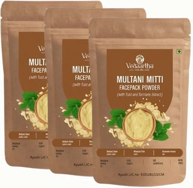 Vedaartha Multani Mitti Face Pack Powder with Tulsi & Turmeric, Pack of 3 (50 g)