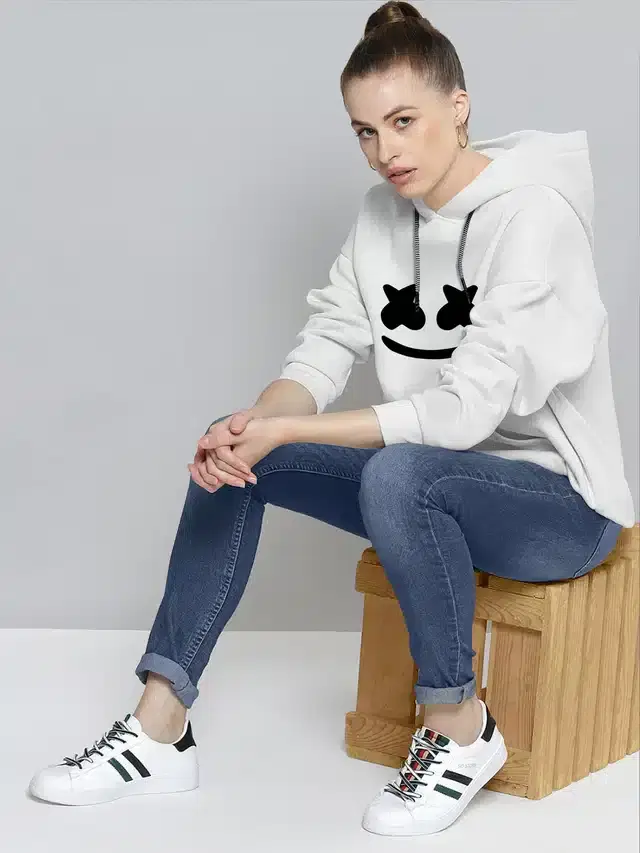 Full Sleeves Printed Hoodie for Women (White, M)