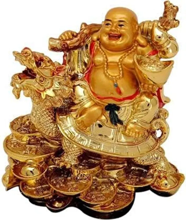 Brass Laughing Buddha Sitting On Dragon Decorative Showpiece, Gold, 8 cm