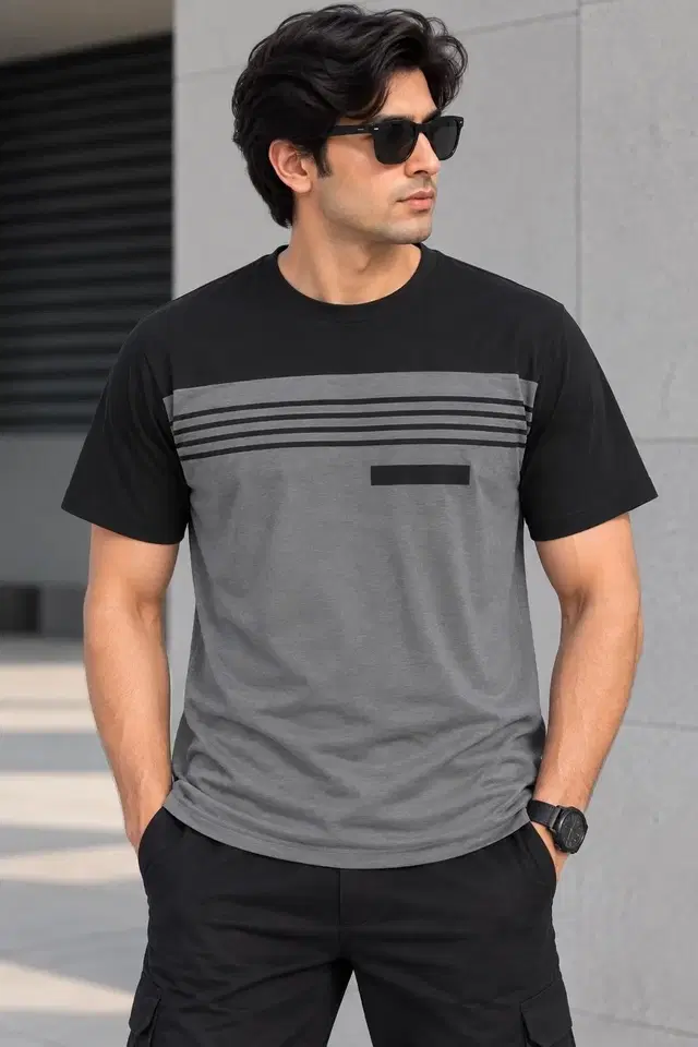 Round Neck Solid T-shirts for Men (Grey & Black, M)